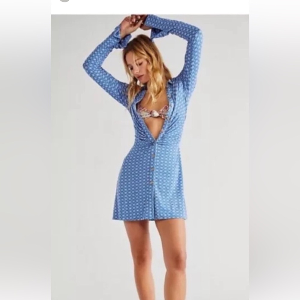 Free People Blue and White Ruched Shayla  Dress
